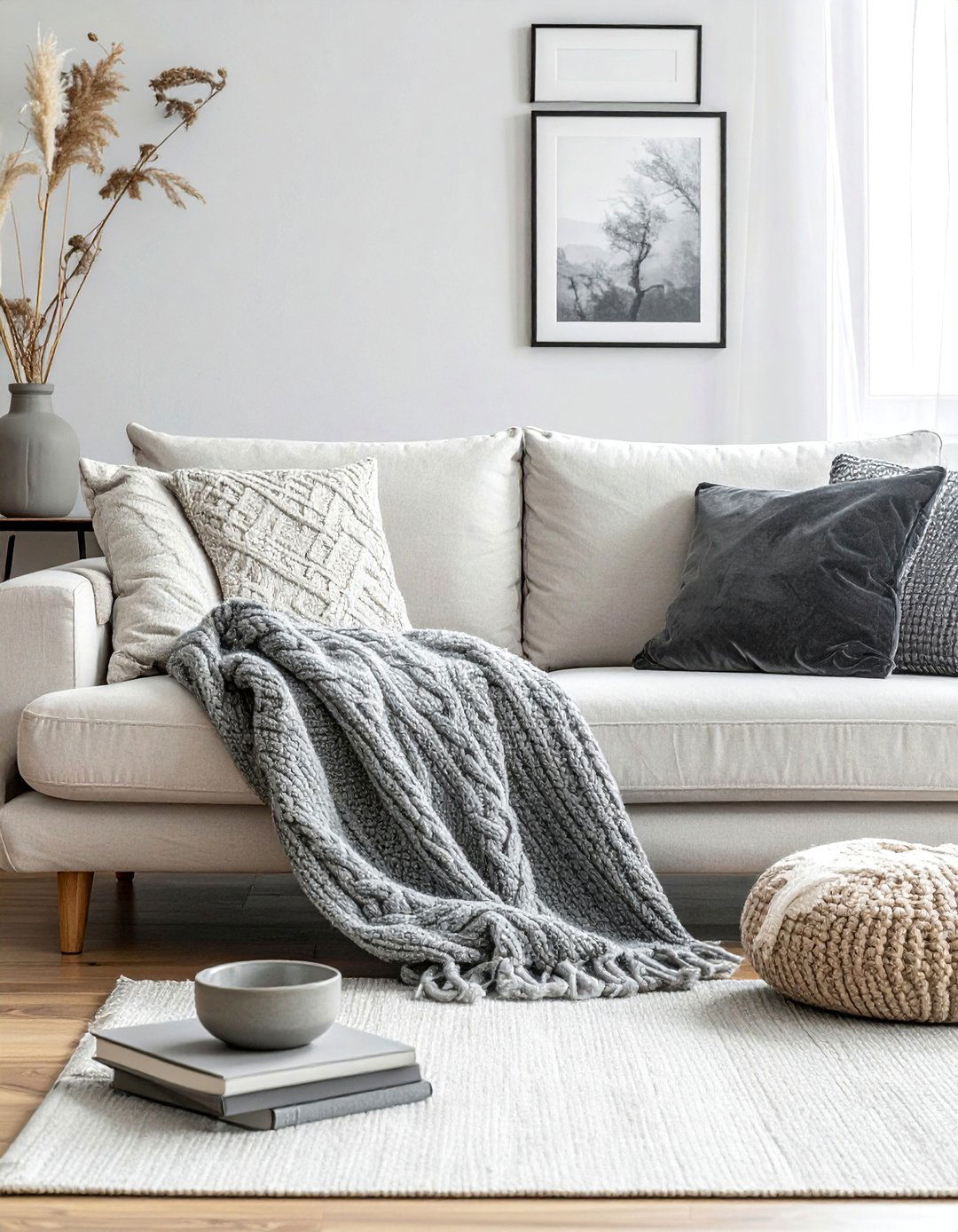 Layered Greige Textiles and Textures - 30 Grey and Beige Living Room Ideas for Warmth