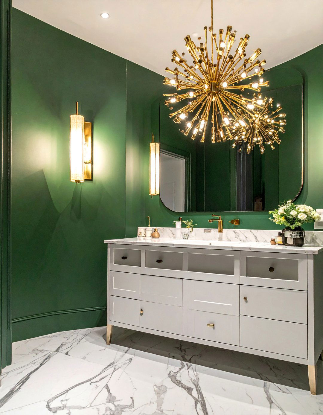 Layered Lighting with Gold Fixtures Against Green Walls - 20 Green and Gold Bathroom Ideas for a Luxurious Feel