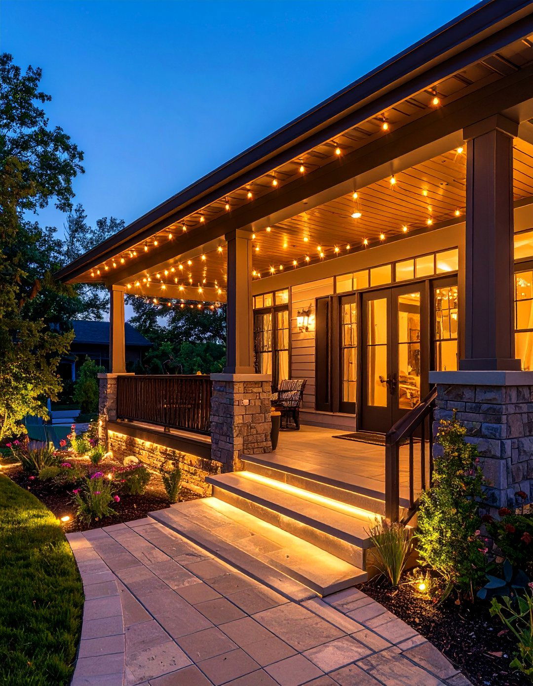 Layered Multi Level Lighting - 20 Front Porch String Lights Ideas for a Cozy Ambiance