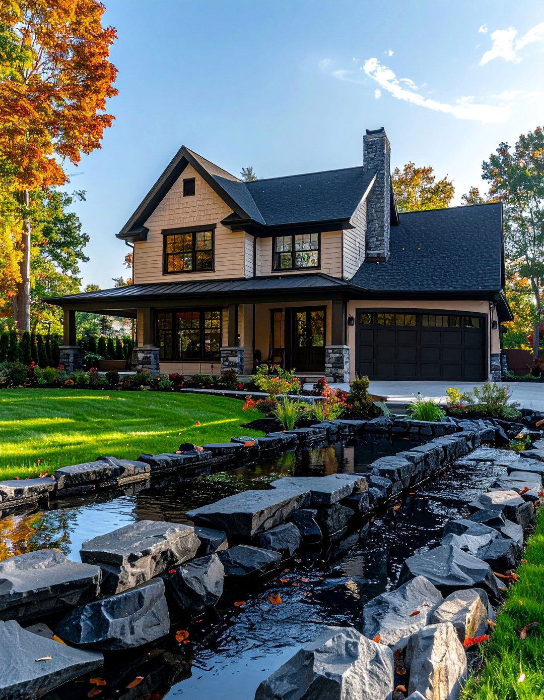 Light Beige Body with a Black Stone Water Table - 30 Beige and Black House Exterior Ideas for Curb Appeal