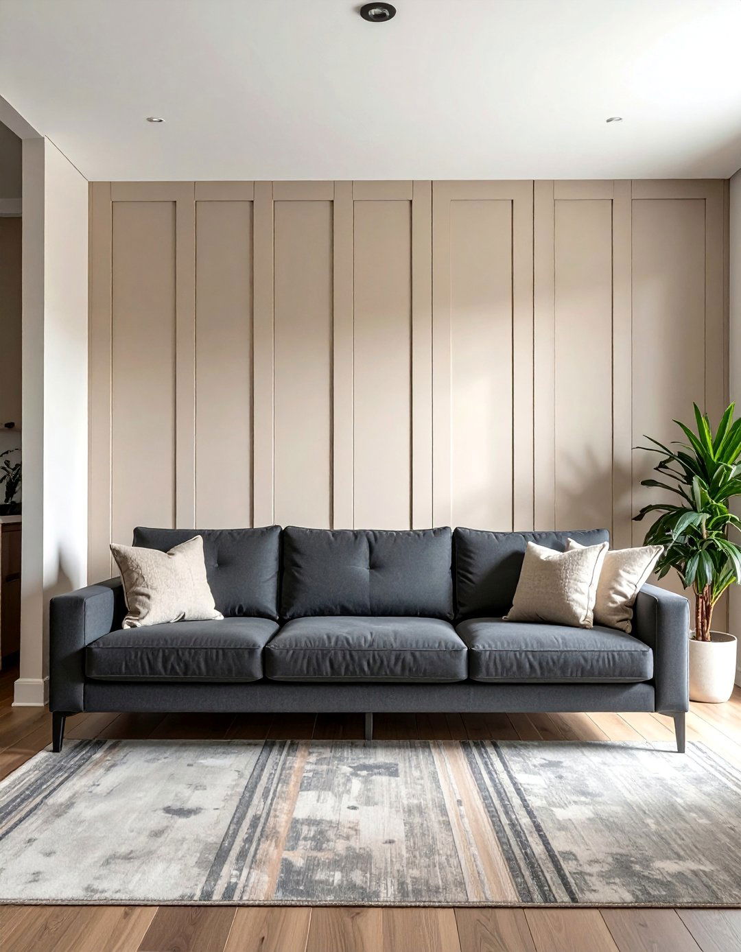 Light Beige Shiplap with Grey Furniture - 30 Grey and Beige Living Room Ideas for Warmth