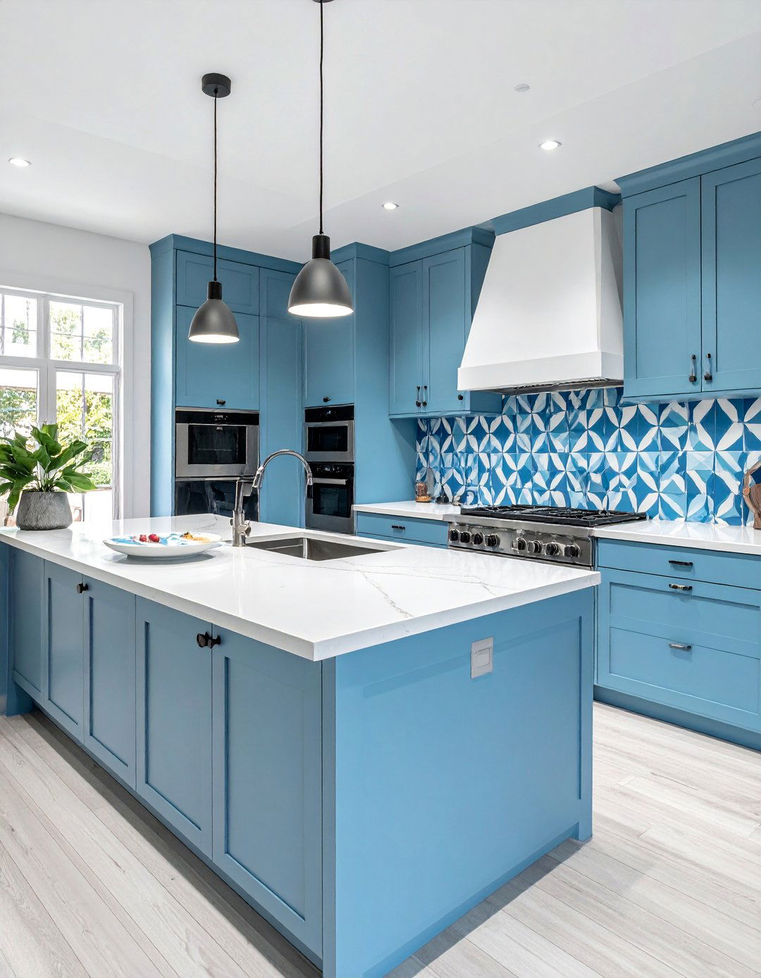 Light Blue Cabinets with a Patterned Backsplash - 20 Light Blue Kitchen Cabinets Ideas for a Fresh Look