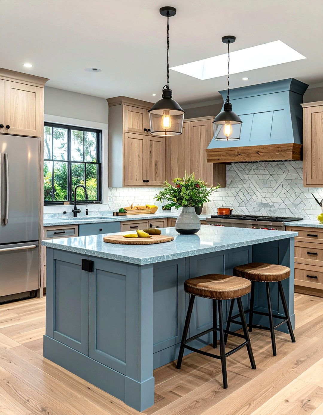 Light Blue Granite Countertops with Natural Wood Cabinets - 20 Kitchens With Blue Countertops Design Ideas