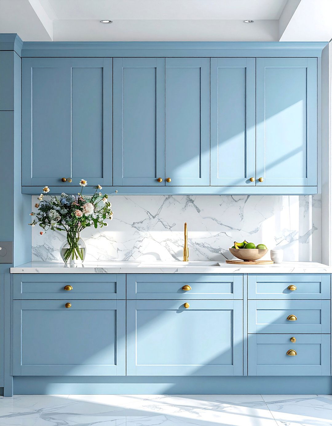 Light Blue Shaker Cabinets with Brass Hardware - 20 Light Blue Kitchen Cabinets Ideas for a Fresh Look