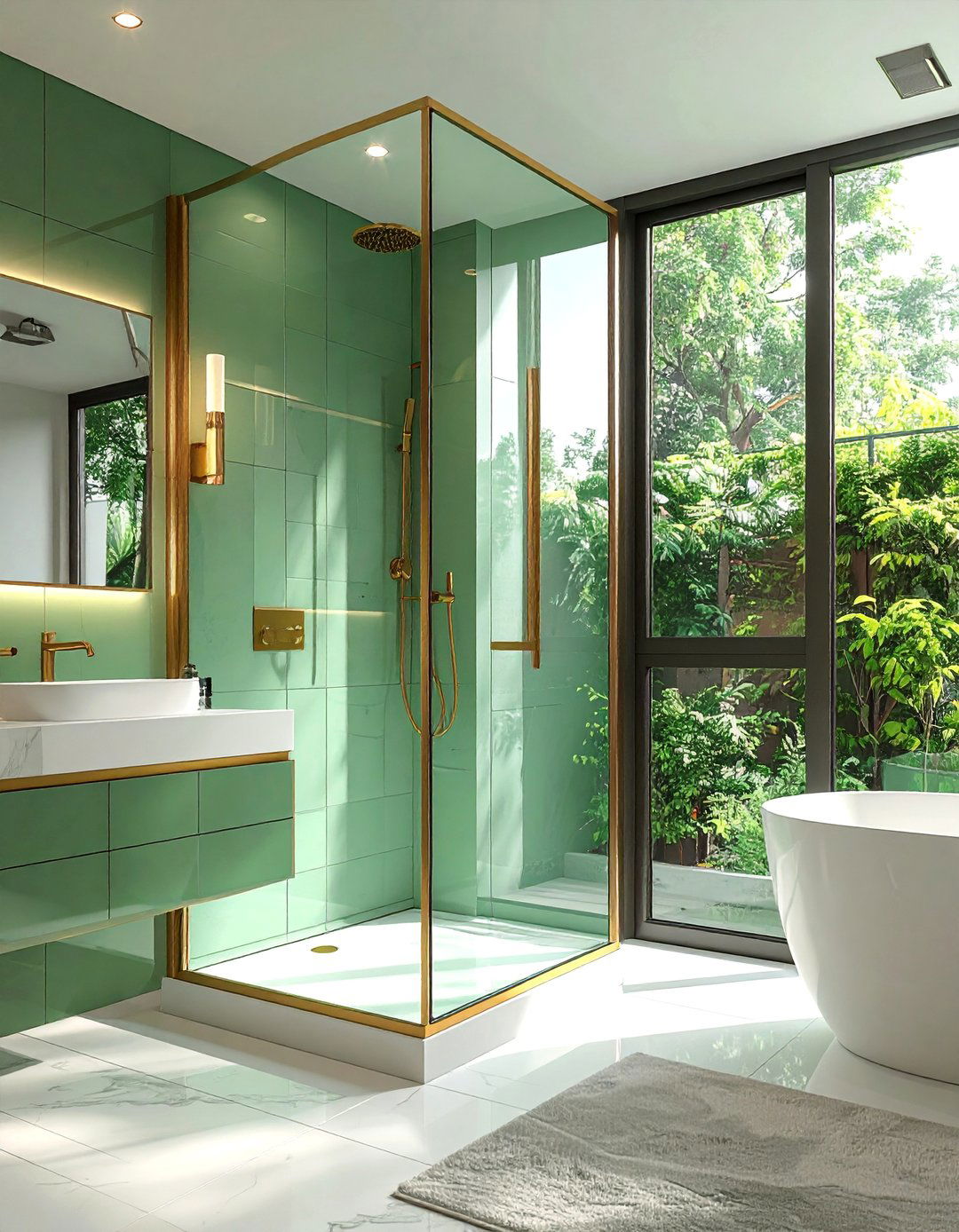 Light Green Glass Shower Doors with Gold Framing - 20 Green and Gold Bathroom Ideas for a Luxurious Feel