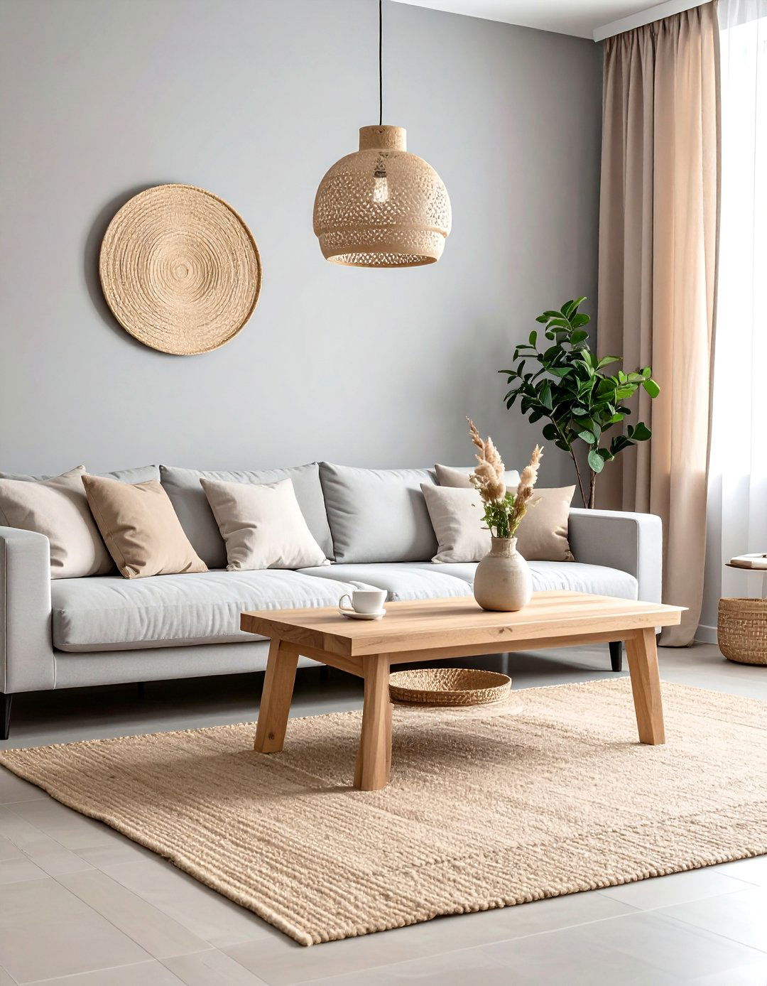 Light Grey Walls with Natural Beige Wood Tones - 30 Grey and Beige Living Room Ideas for Warmth