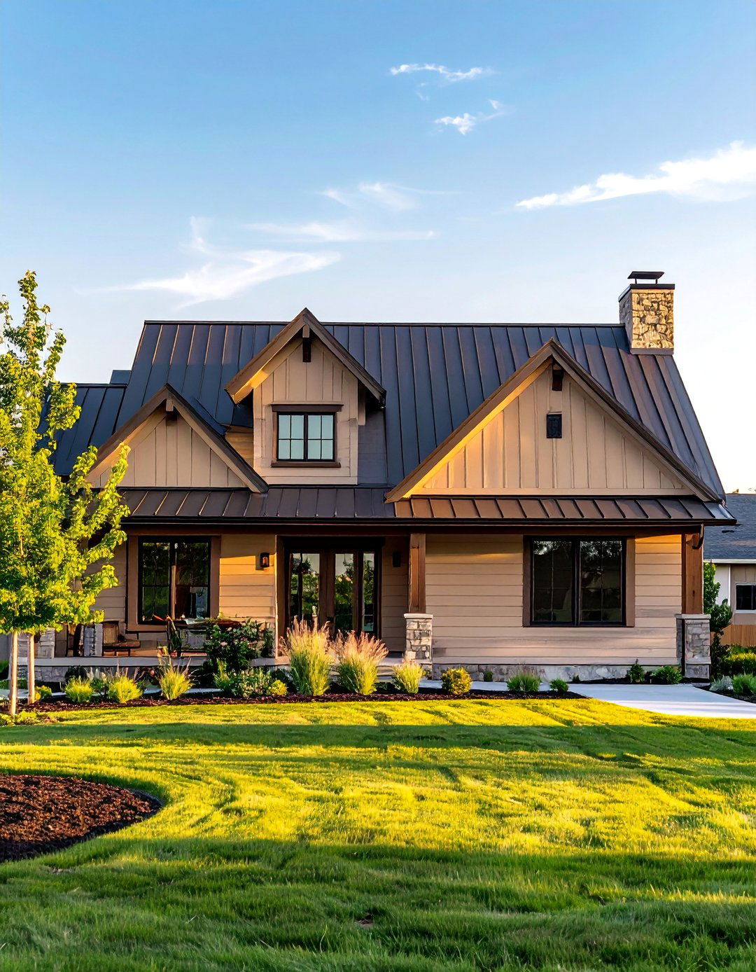 Light Tan Natural Clay Siding with a Metal Roof - 20 Home Designs Using Natural Clay Siding Colors