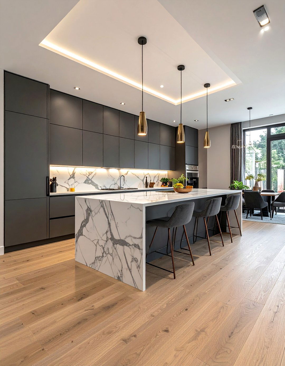 Light Wood Floor Kitchen Featuring a Waterfall Countertop - 20 Light Wood Floor Kitchen Ideas for a Bright Space