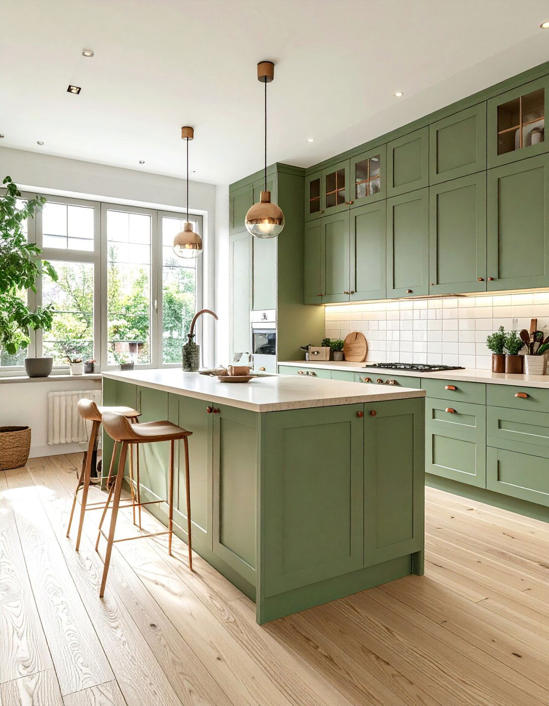 Light Wood Floor Kitchen Paired with Green Cabinets - 20 Light Wood Floor Kitchen Ideas for a Bright Space