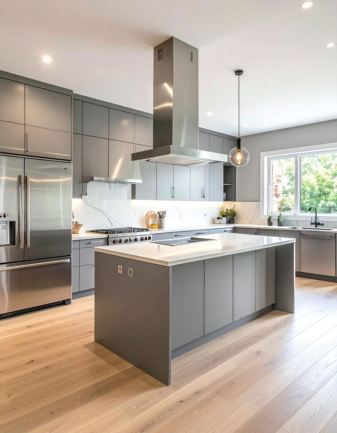 Light Wood Floor Kitchen and Stainless Steel Appliances