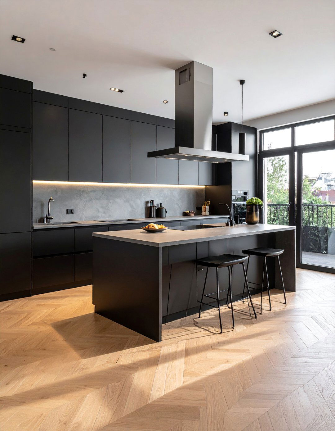 Light Wood Floor Kitchen with Sleek Black Cabinetry - 20 Light Wood Floor Kitchen Ideas for a Bright Space