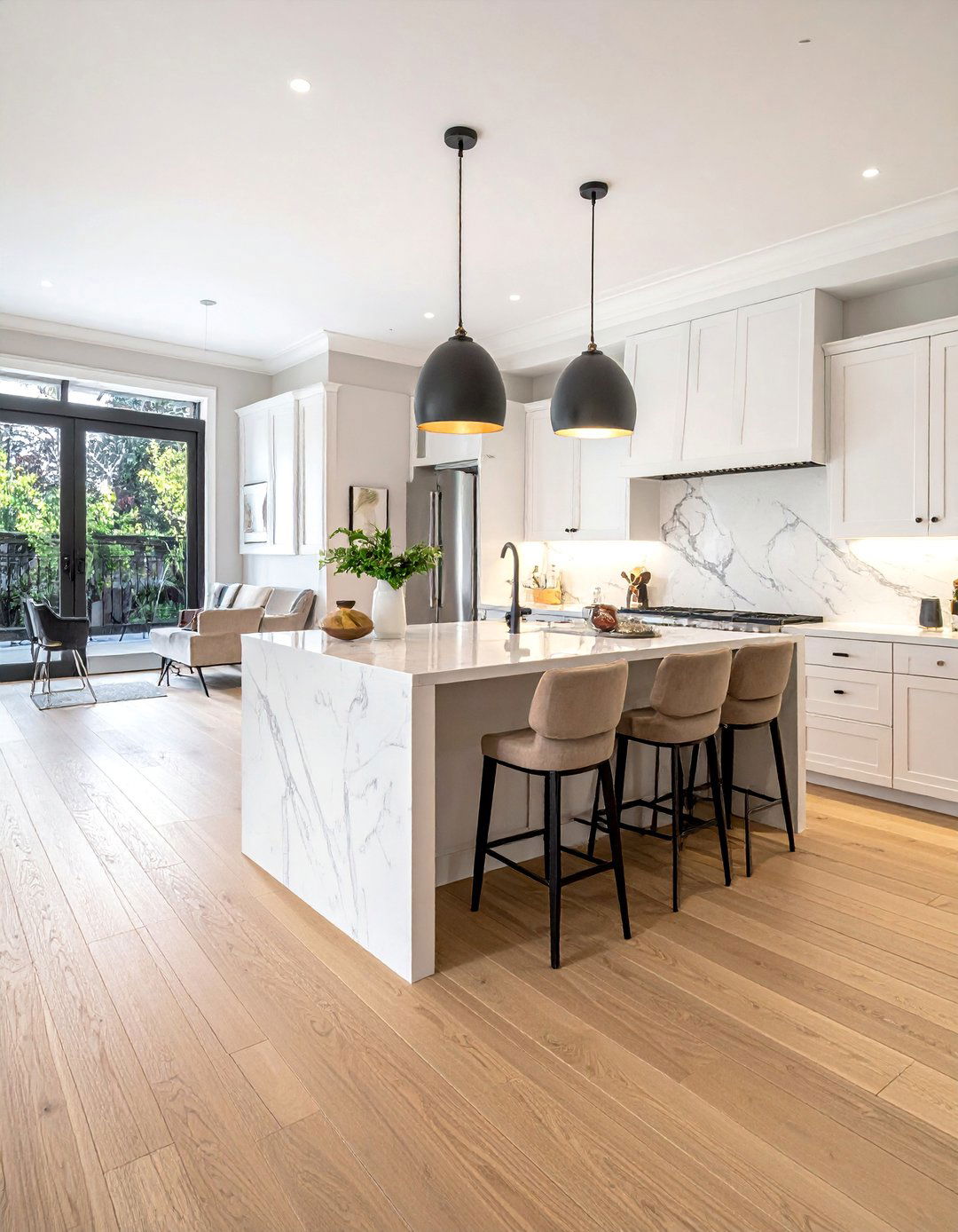 Light Wood Floor Kitchen with a Marble Backsplash - 20 Light Wood Floor Kitchen Ideas for a Bright Space