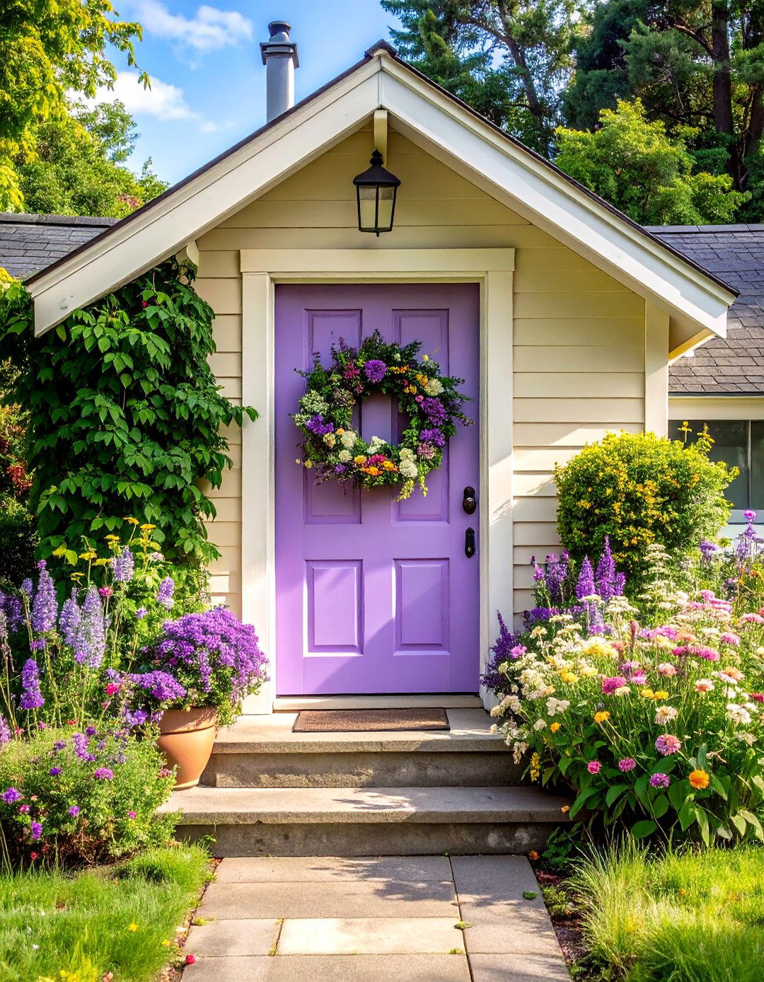 Lilac Purple Front Door with a Wildflower Wreath - 20 Purple Front Door Ideas for a Bold Entrance