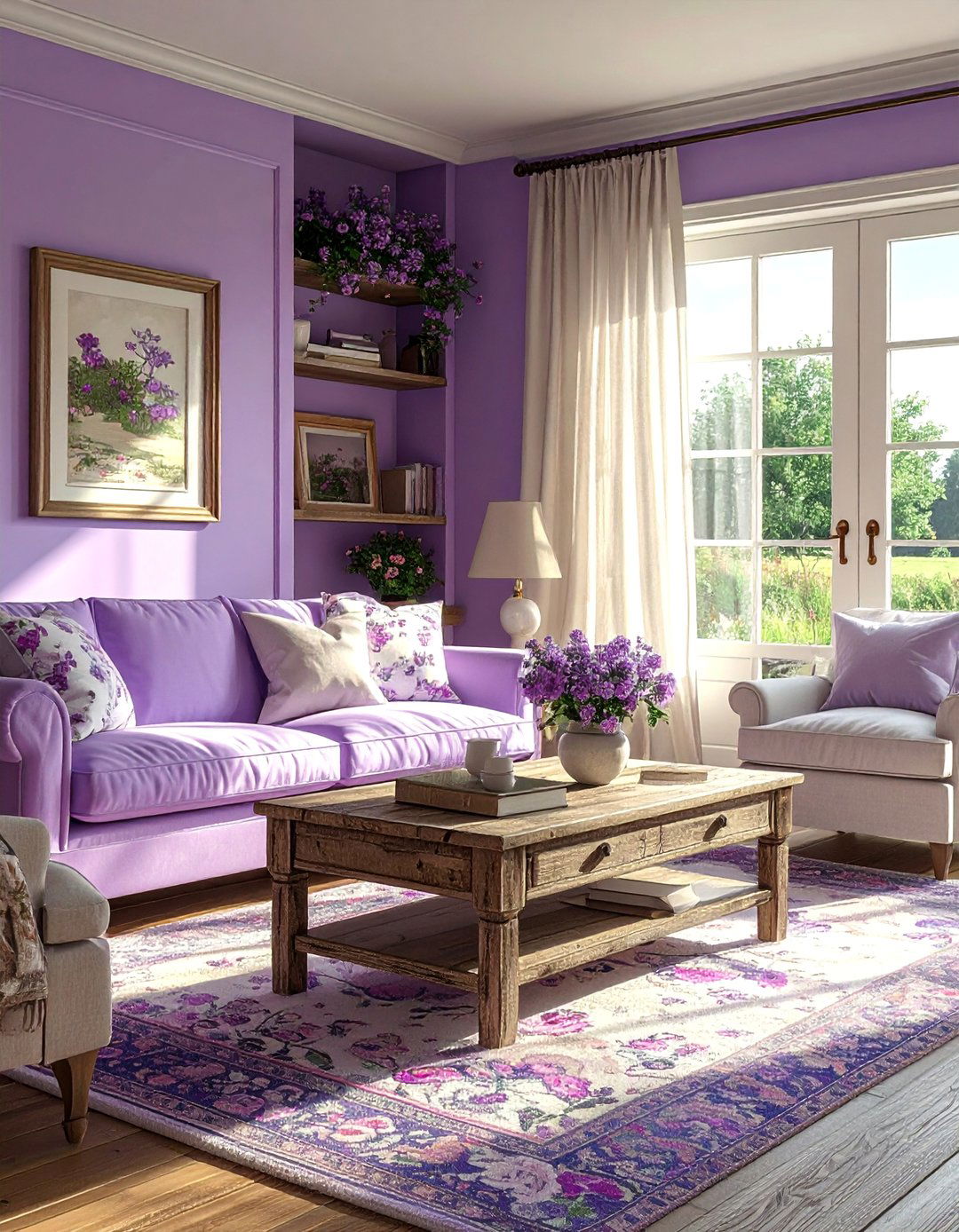 Lilac and Cream Country Style Living Room - 25 Purple Living Room Ideas for a Luxurious Vibe