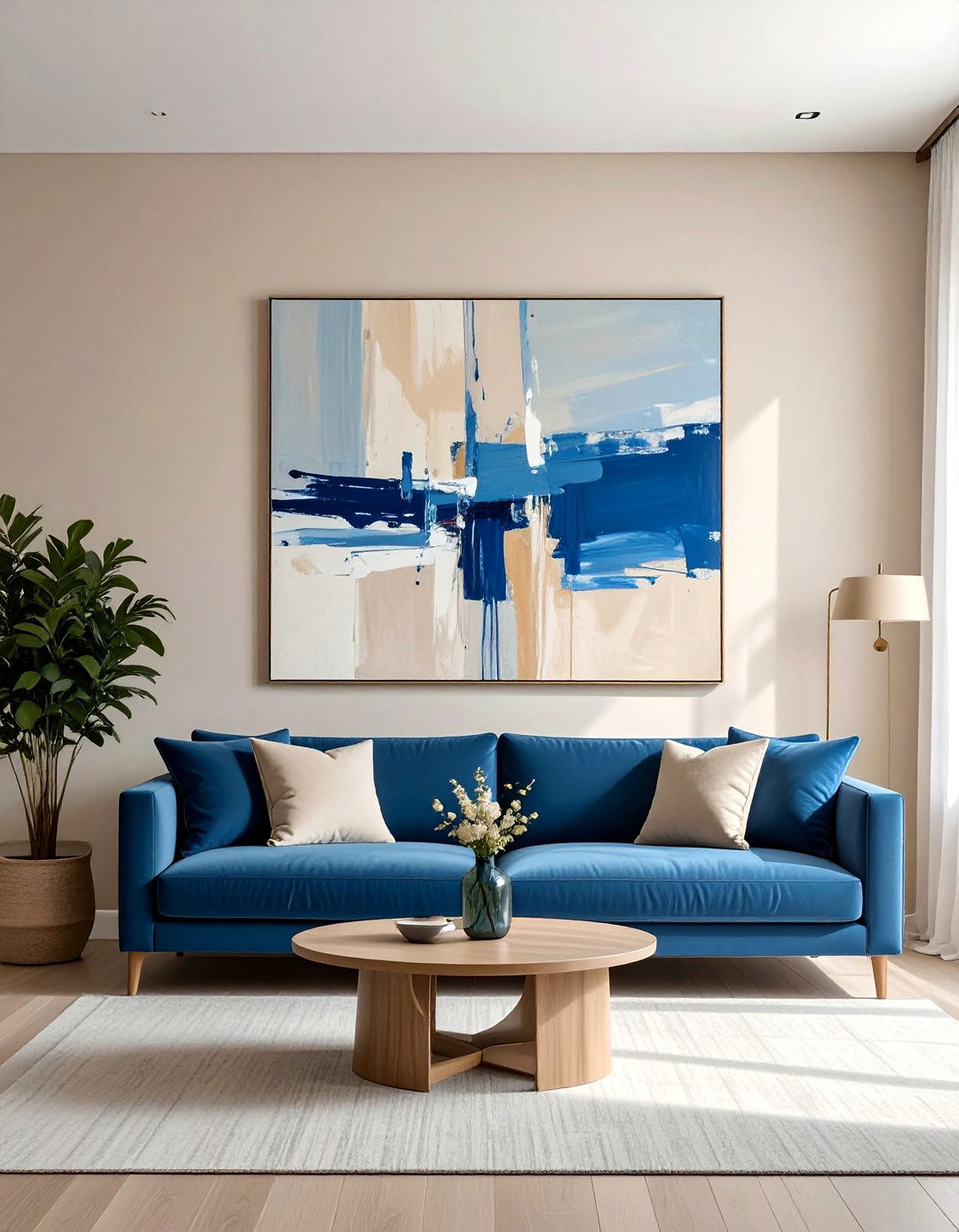 Living Room with Beige Walls and Blue Art - 20 Blue and Beige Living Room Ideas for a Calm Space