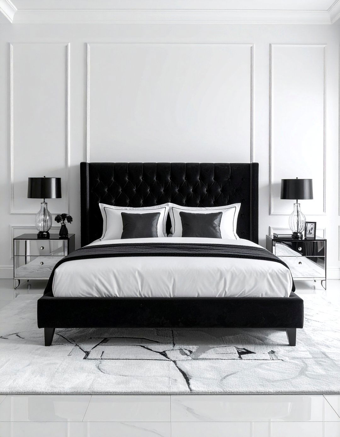 Luxurious Black Velvet Headboard - 40 Black and White Bedroom Ideas for Elegance