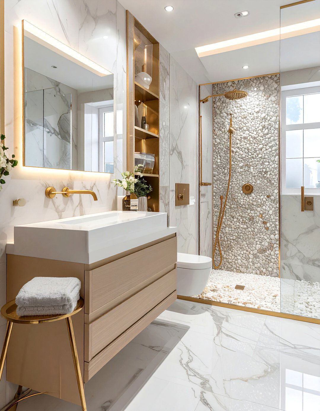 Luxury Marble Accent Combination - 20 Pebble Tile Bathroom Ideas for a Natural Look