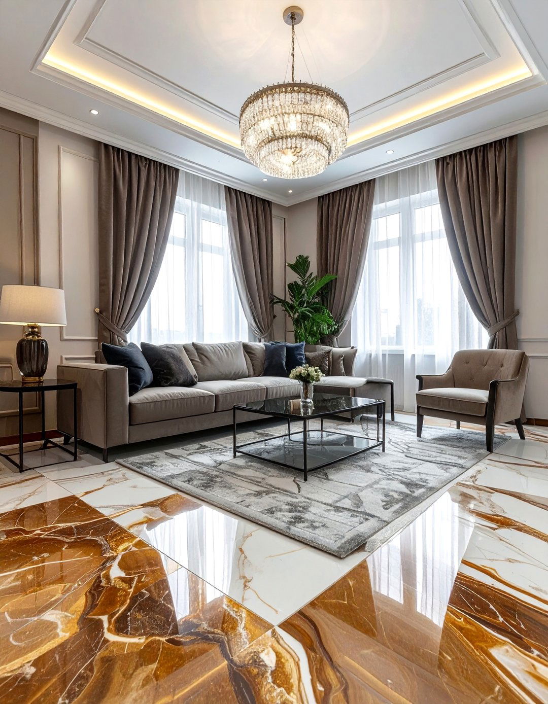 Luxury Marble Pattern Tiles - 20 Living Room Vinyl Flooring Ideas for Modern Homes