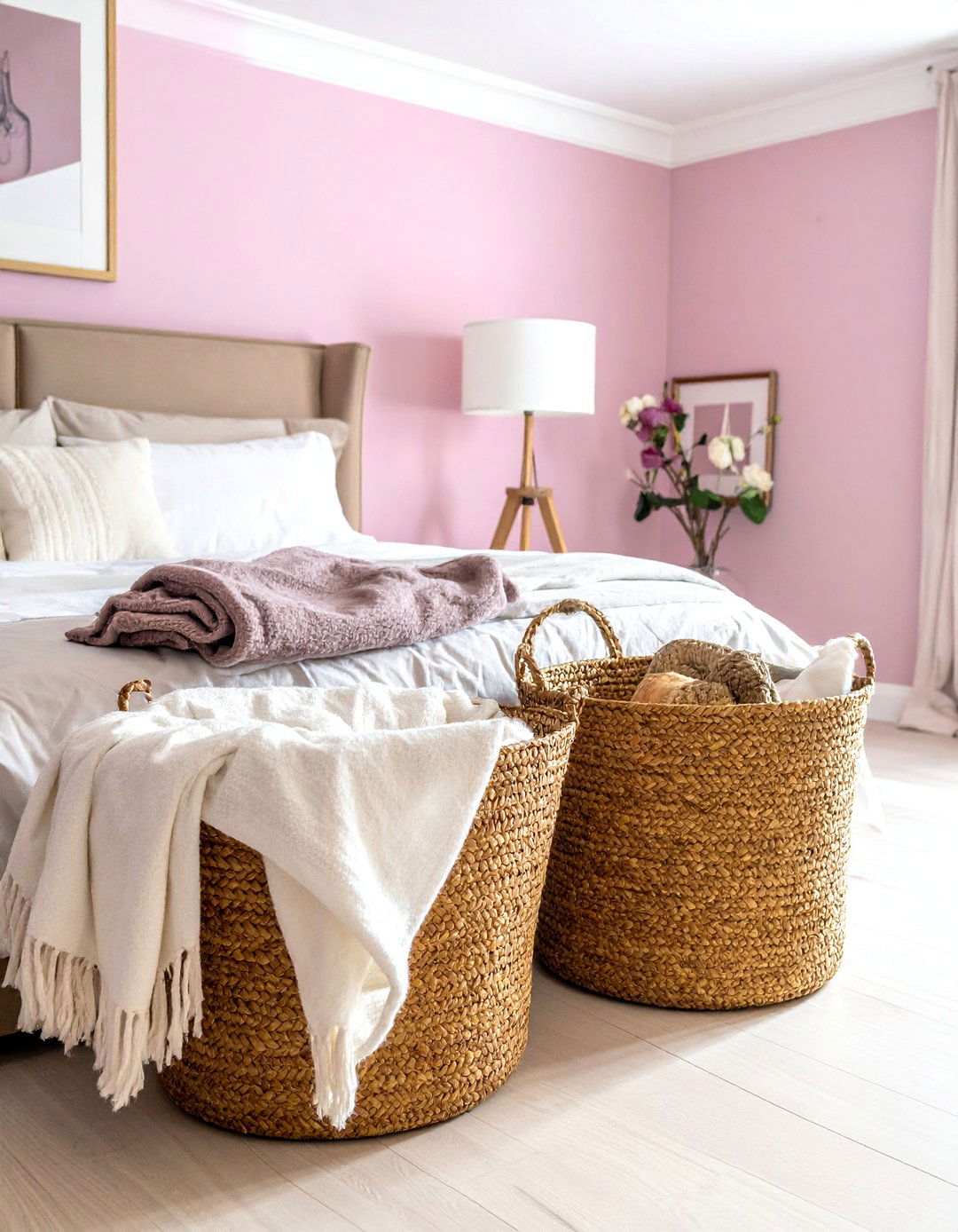 Magnolia Bedroom with Rustic Storage Baskets - 20 Magnolia Bedroom Ideas for a Serene Retreat