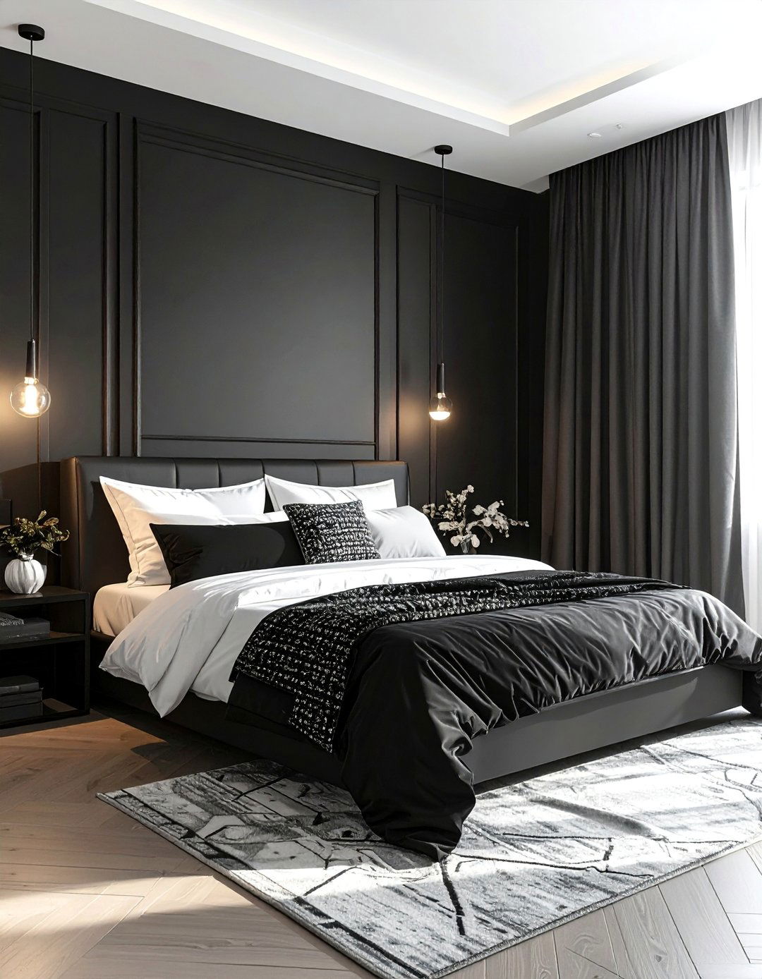 Matte Black Bedroom Utilizing High Contrast Bedding - 20 Matte Black Bedroom Ideas for a Sleek Look