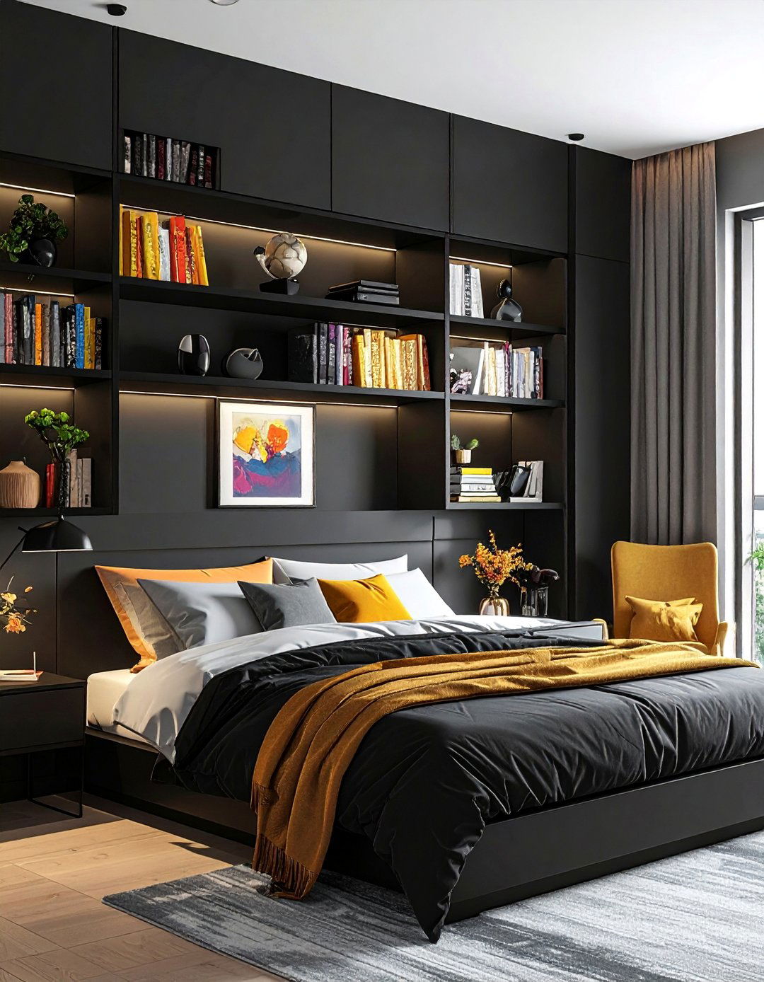 Matte Black Bedroom featuring Built In Shelving