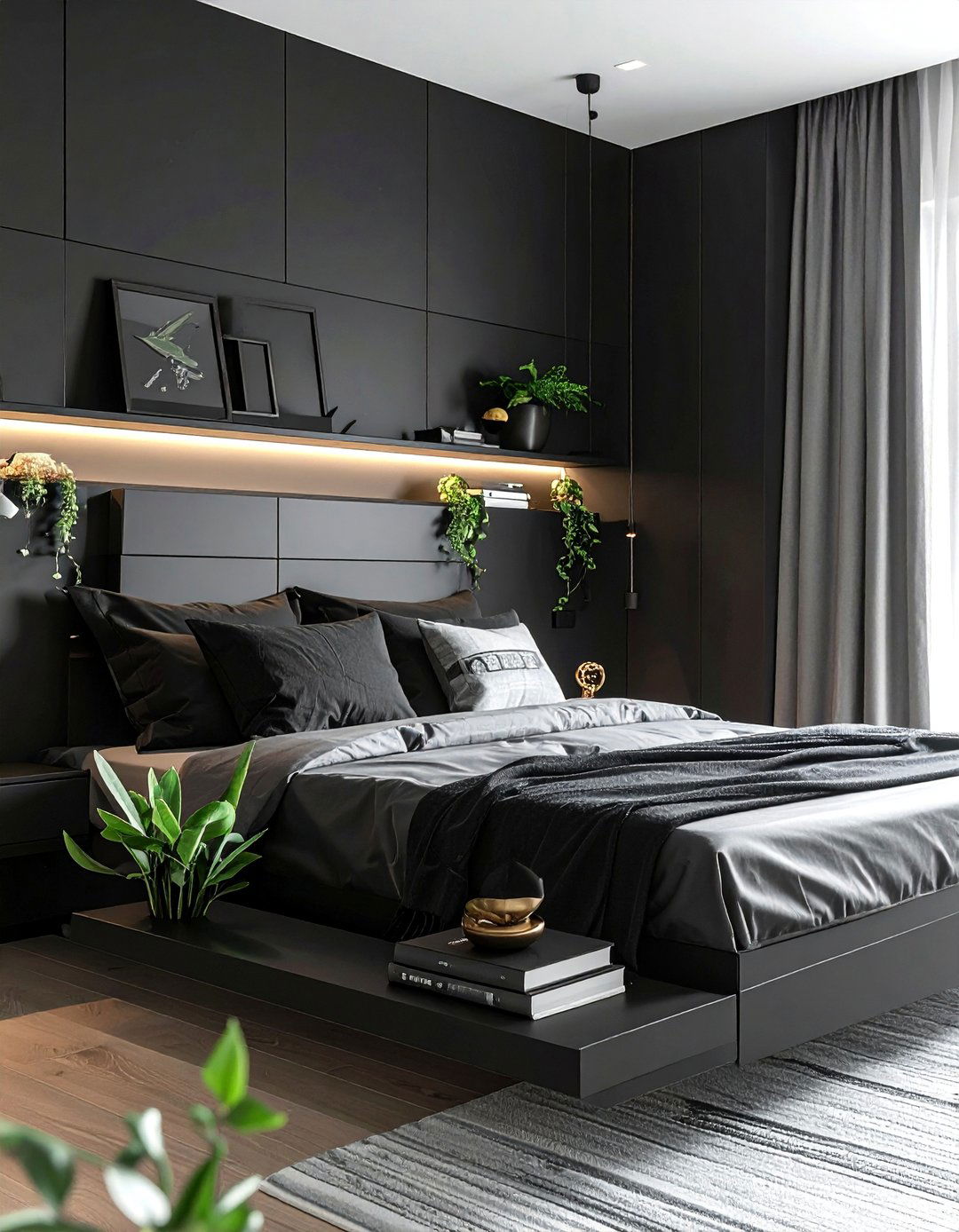 Matte Black Bedroom with Curated Decor Objects - 20 Matte Black Bedroom Ideas for a Sleek Look