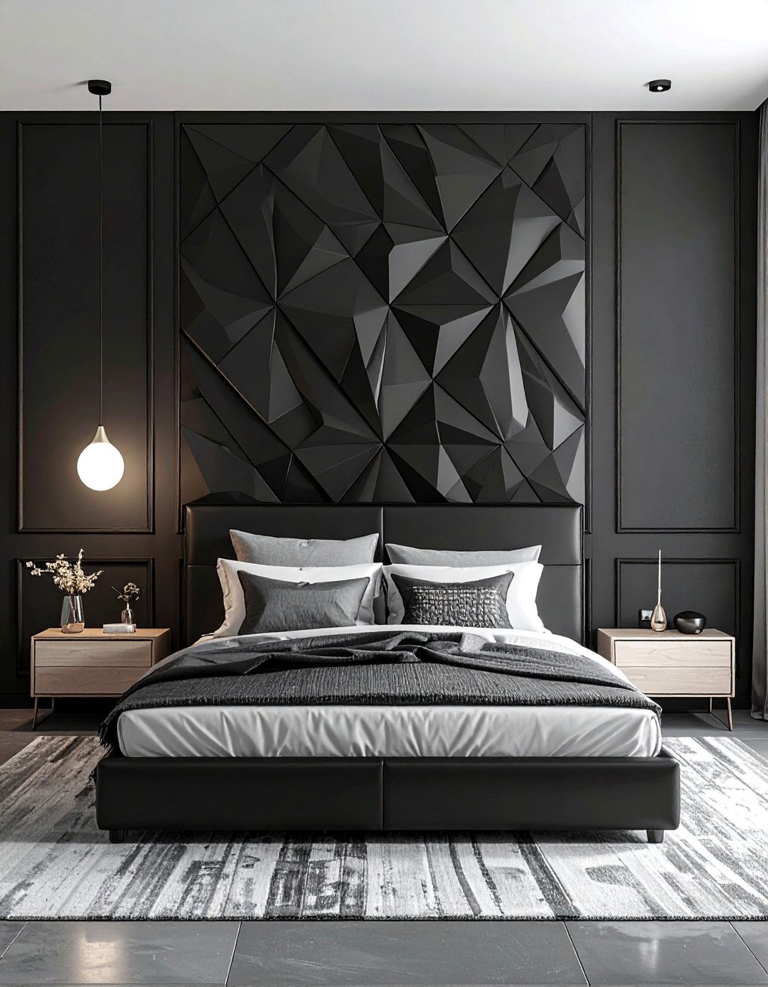 Matte Black Bedroom with Geometric Wall Panels - 20 Matte Black Bedroom Ideas for a Sleek Look