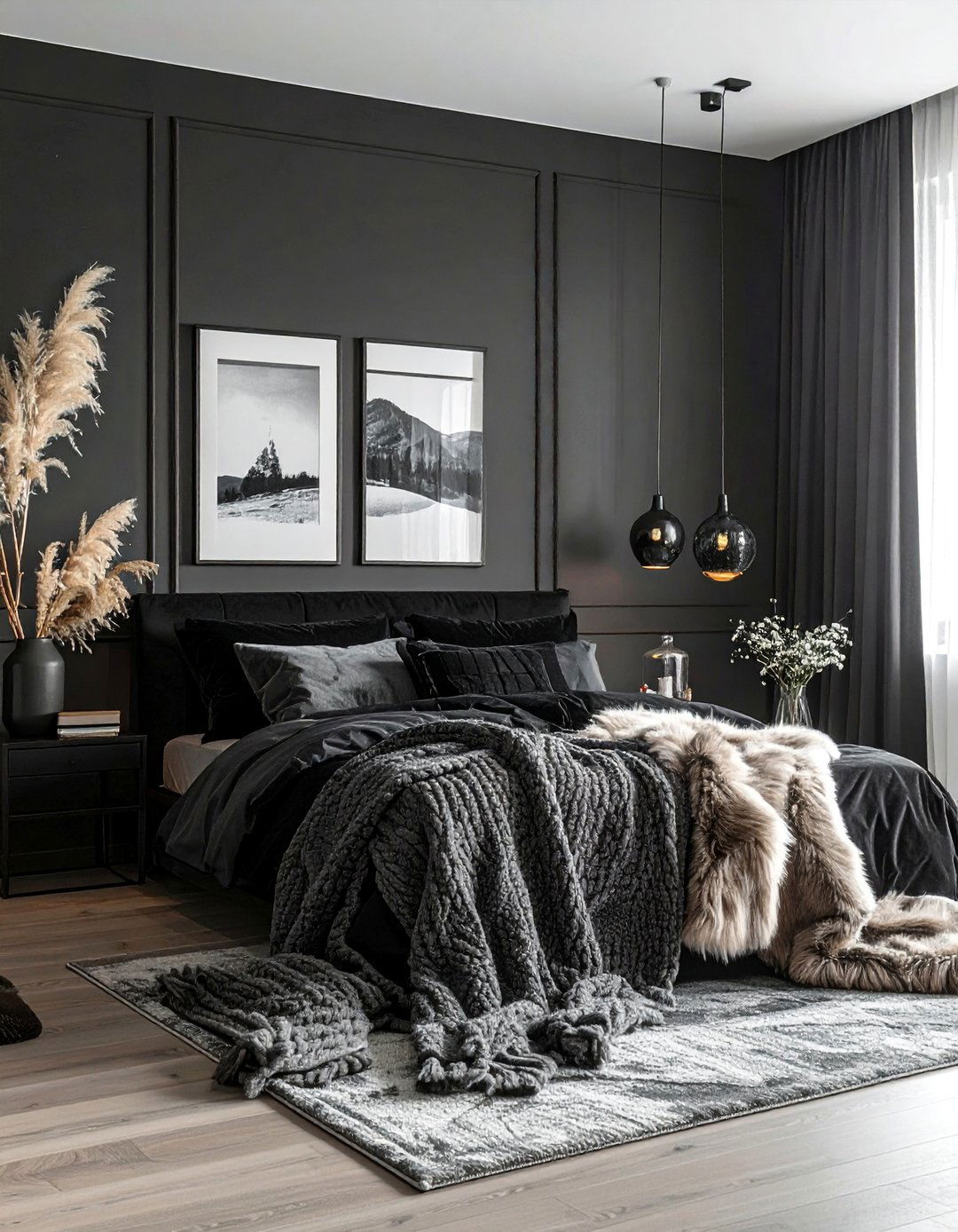 Matte Black Bedroom with Layered Textiles - 20 Matte Black Bedroom Ideas for a Sleek Look