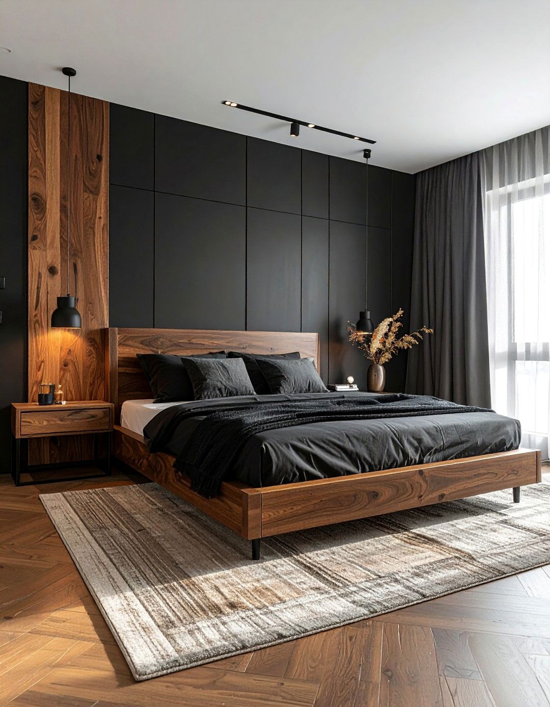 Matte Black Bedroom with Natural Wood Tones - 20 Matte Black Bedroom Ideas for a Sleek Look