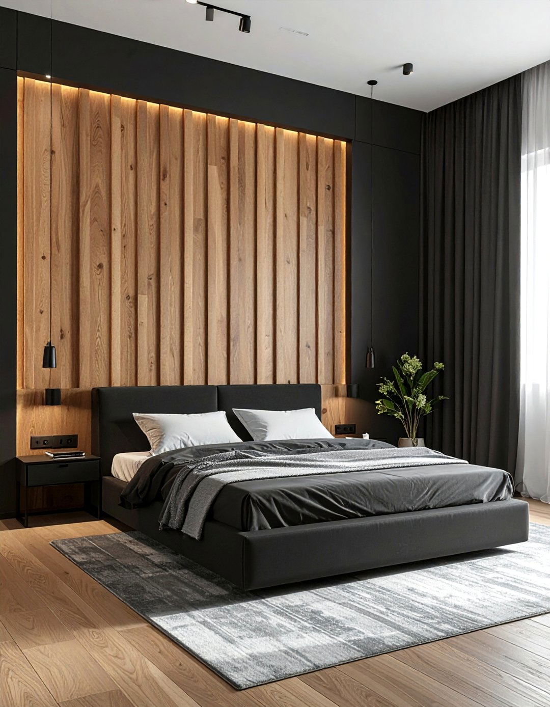 Matte Black Bedroom with Slatted Wood Wall Features - 20 Matte Black Bedroom Ideas for a Sleek Look