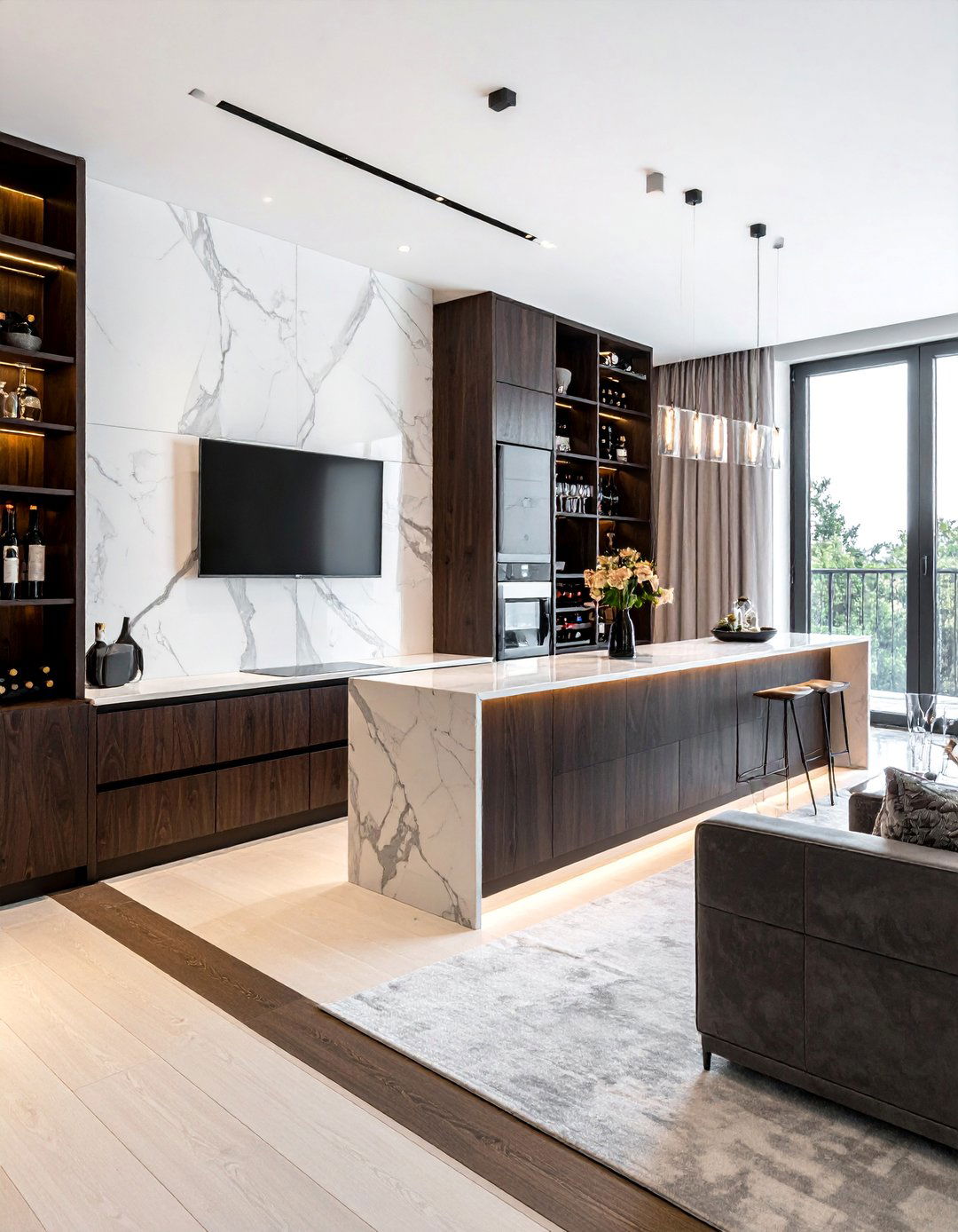 Media Wall Incorporating a Bar Nook - 35 Stunning Media Wall Ideas to Transform Your Living Space