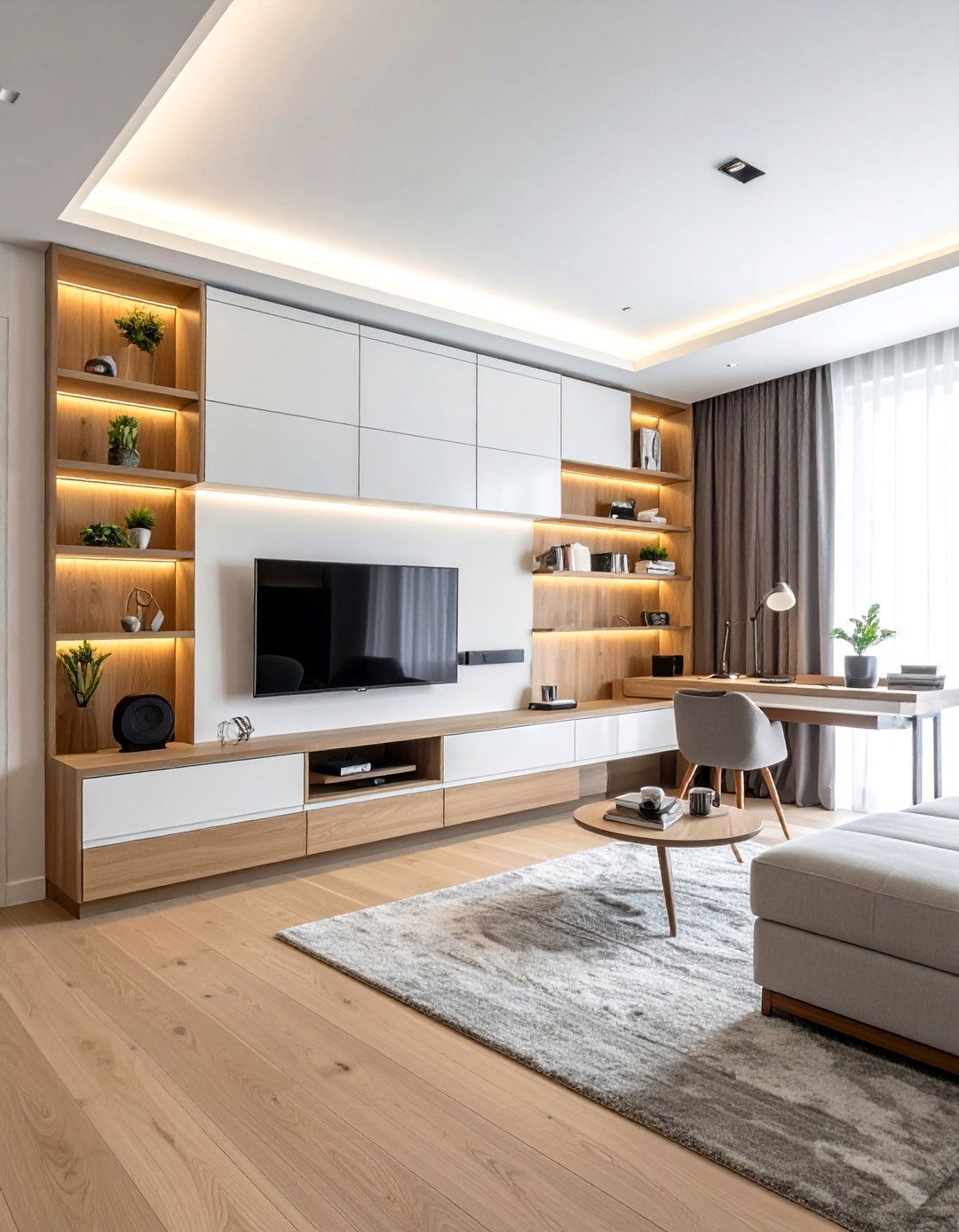 Media Wall with an Integrated Desk - 35 Stunning Media Wall Ideas to Transform Your Living Space