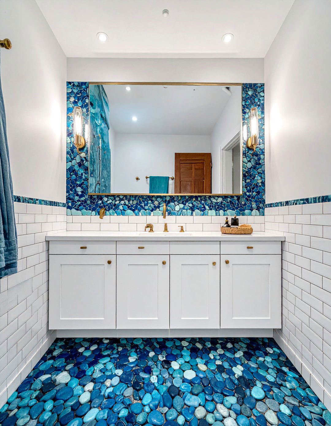 Mediterranean Ocean Blue Escape - 20 Pebble Tile Bathroom Ideas for a Natural Look