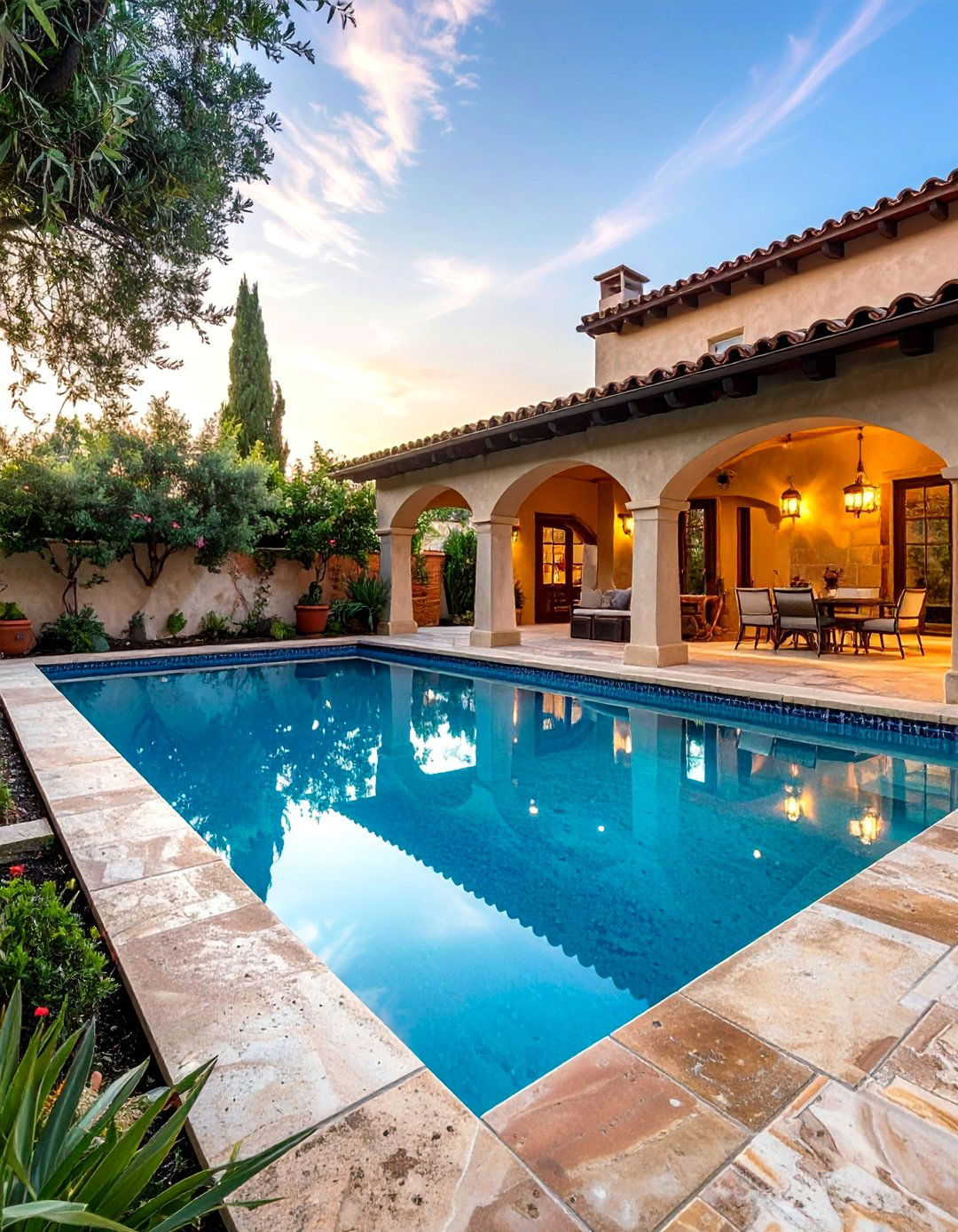 Mediterranean Style Pool with Travertine Decking - 40 Backyard Pool Ideas for a Refreshing Summer Oasis
