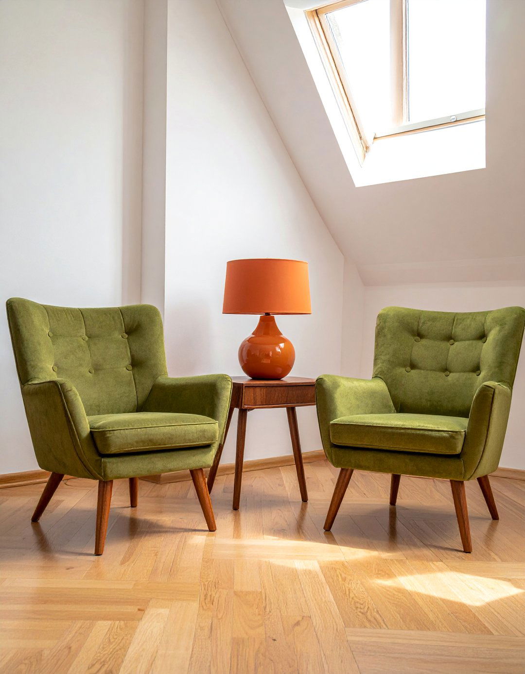 Mid Century Modern Green Chairs and Terracotta Tones - 20 Green and Terracotta Living Room Ideas for Warmth