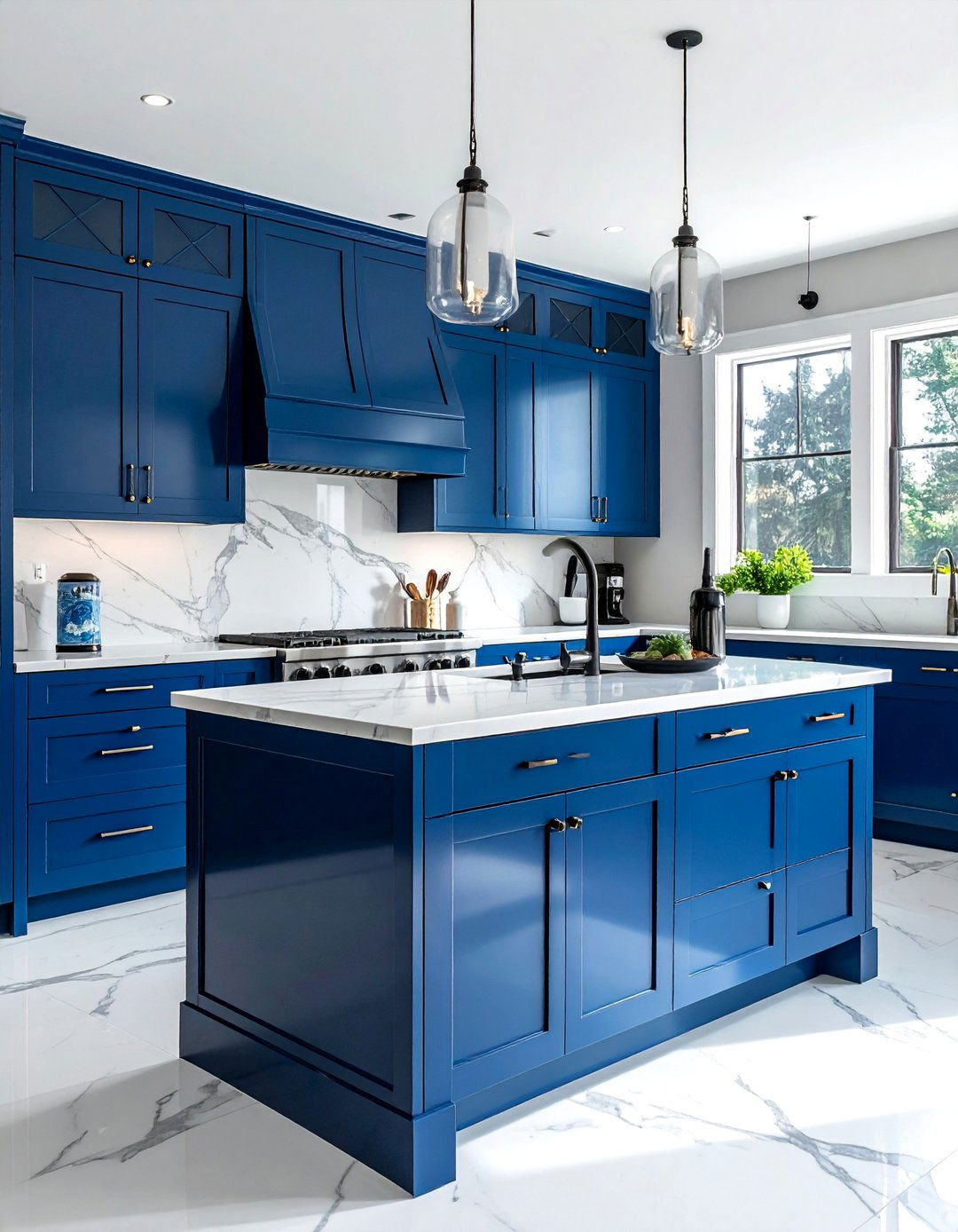 Midnight Blue Cabinets in a High Gloss Finish - 30 Blue Farmhouse Kitchen Cabinets for a Cozy Feel