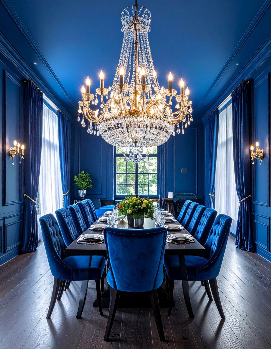 Midnight Blue with Crystal Chandelier - 40 Blue Dining Room Ideas for a Serene Space