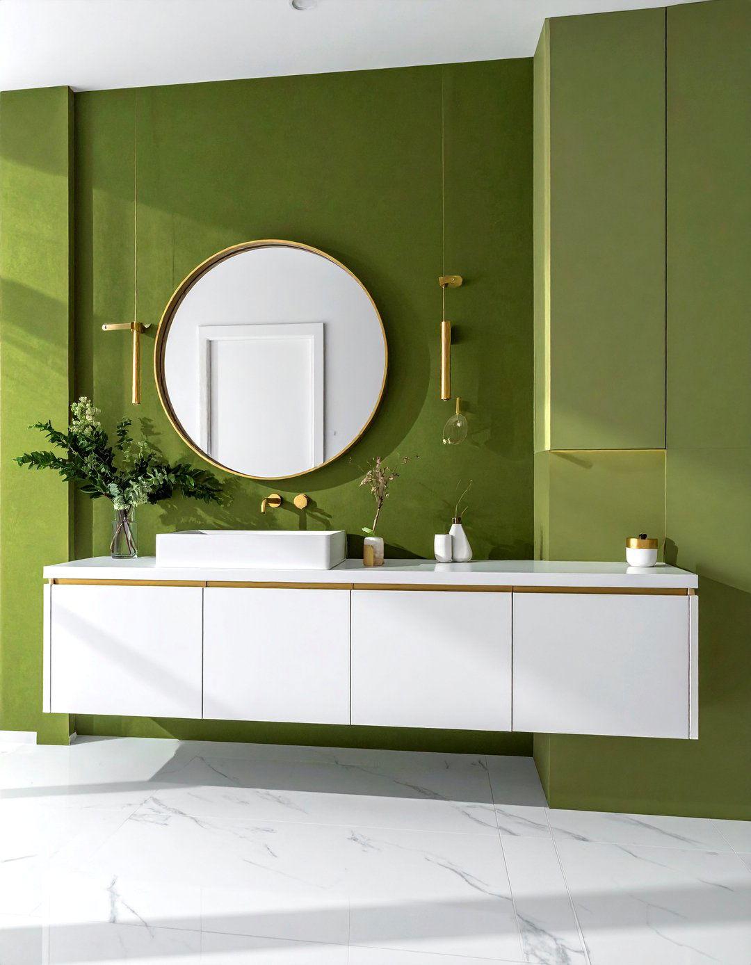 Minimalist Bathroom with Green Accent Wall and Gold Tapware - 20 Green and Gold Bathroom Ideas for a Luxurious Feel