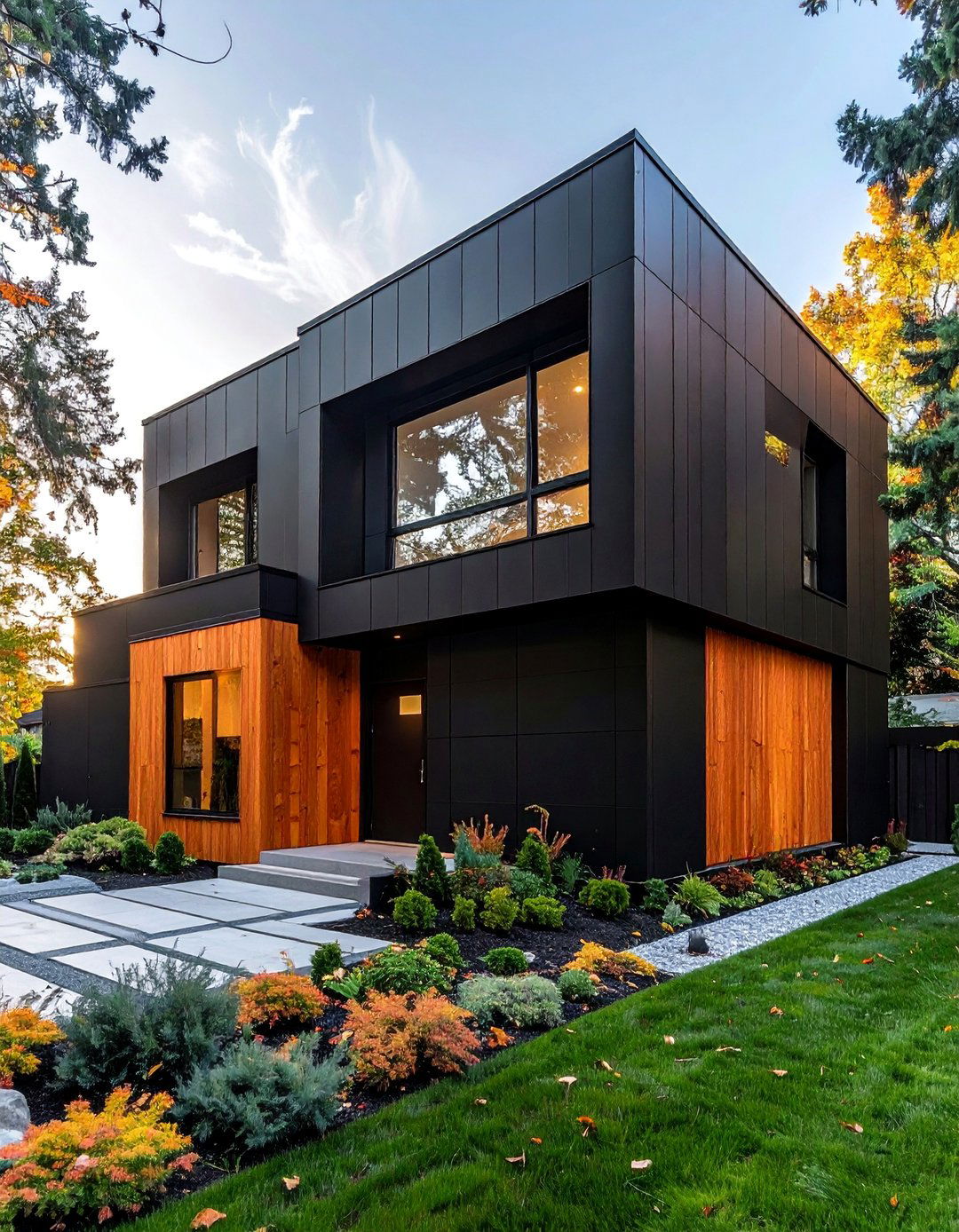 Minimalist Black Cube House with Cedar Siding - 20 Black House With Wood Accents Ideas for a Bold Style