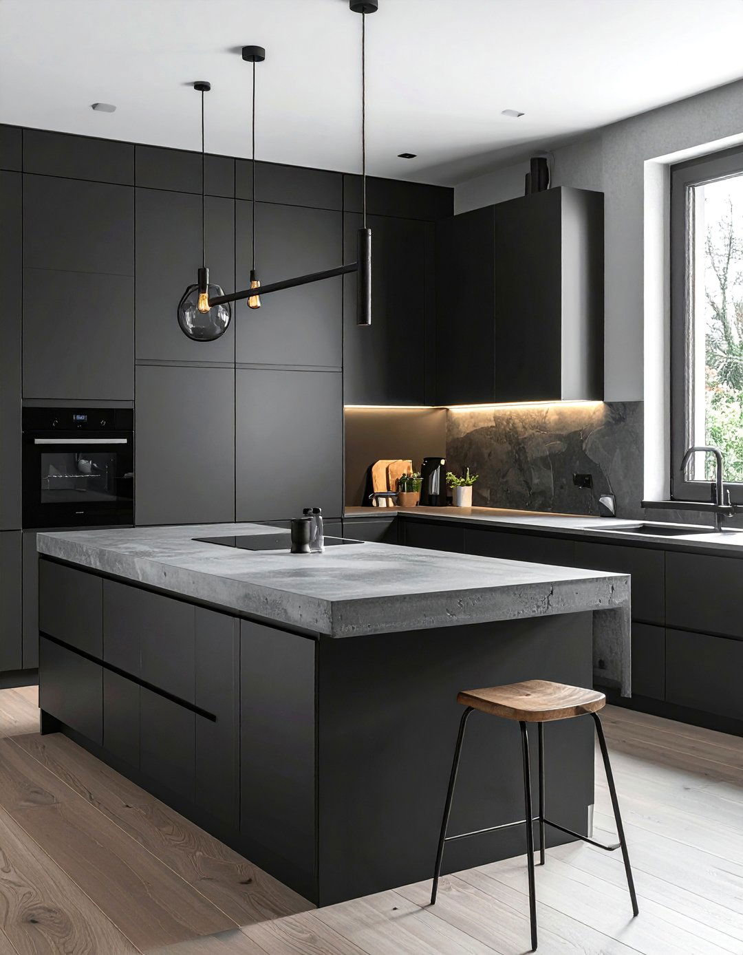 Minimalist Black Kitchen with Concrete Countertops - 40 Black Kitchen Ideas for a Sleek and Sophisticated Look