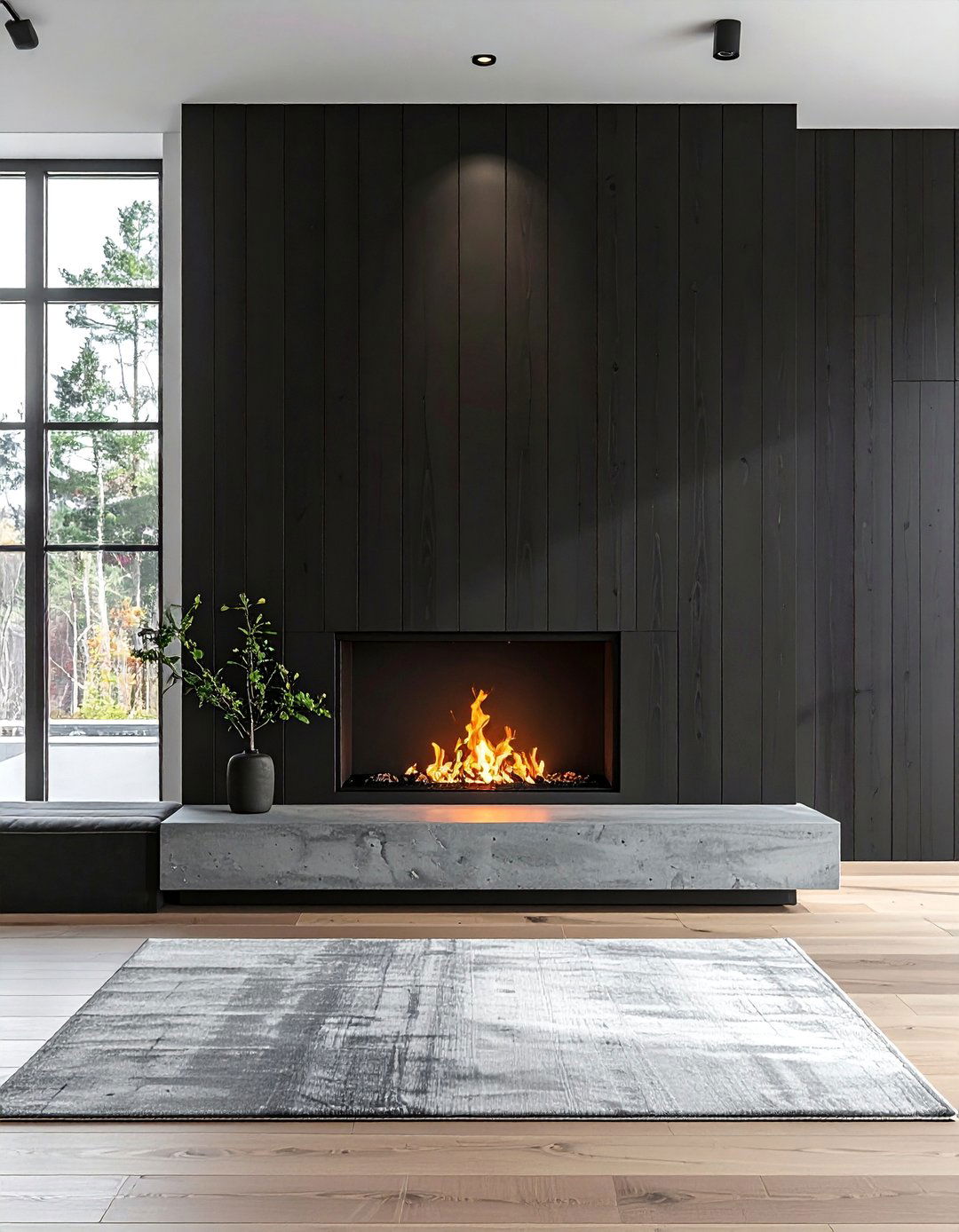 Minimalist Black Shiplap Fireplace with a Sleek Concrete Mantel - 40 Black Shiplap Fireplace Ideas for a Bold and Cozy Focal Point