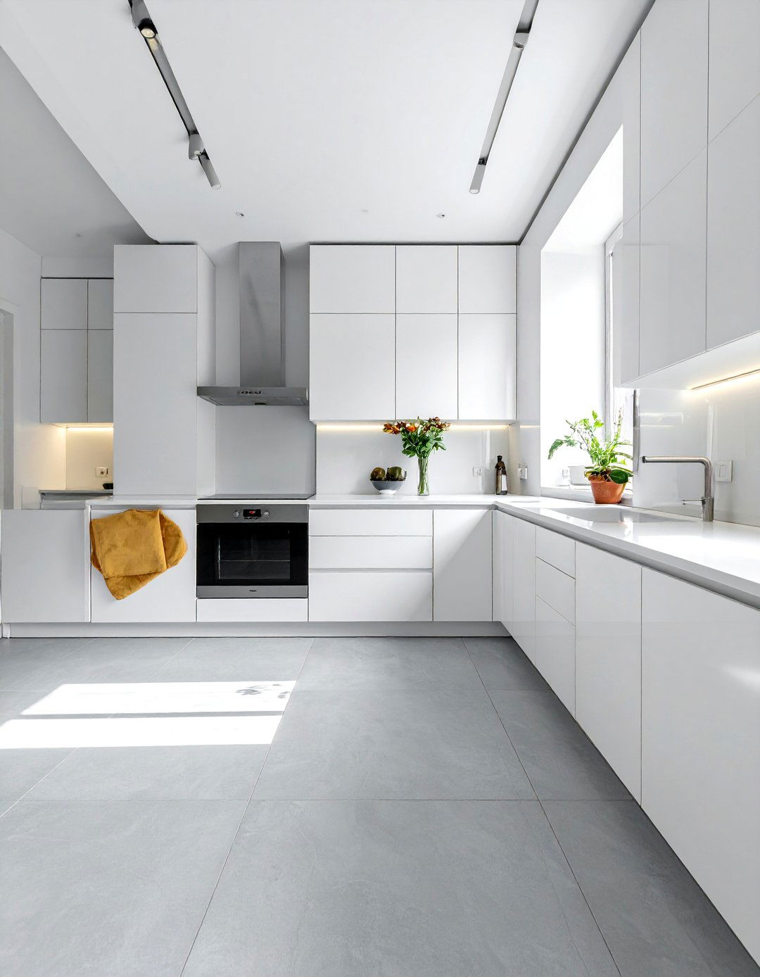 Minimalist Kitchens With Large Format Grey Tiles - 20 Kitchens With Grey Floors Design Inspiration