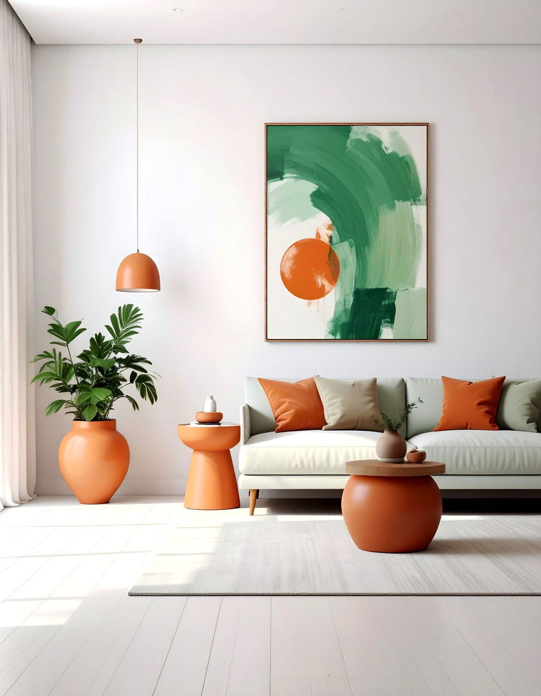Minimalist Space with Green Art and Terracotta Accents - 20 Green and Terracotta Living Room Ideas for Warmth
