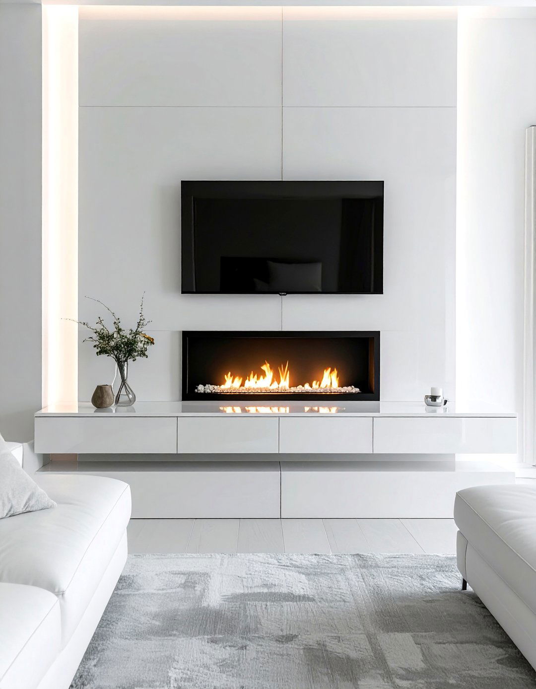 Minimalist White Linear Fireplace Wall - 20 Linear Fireplace Ideas With TV Above for Cozy Nights