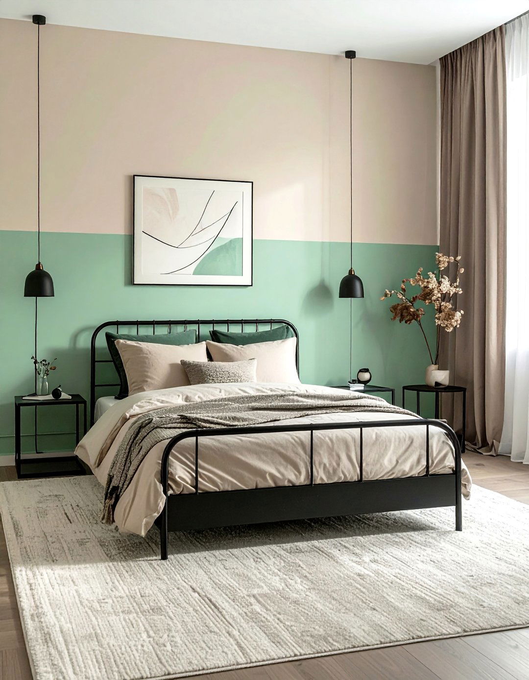 Mint Green and Beige Color Blocked Wall - 30 Green and Beige Bedroom Ideas for Serenity