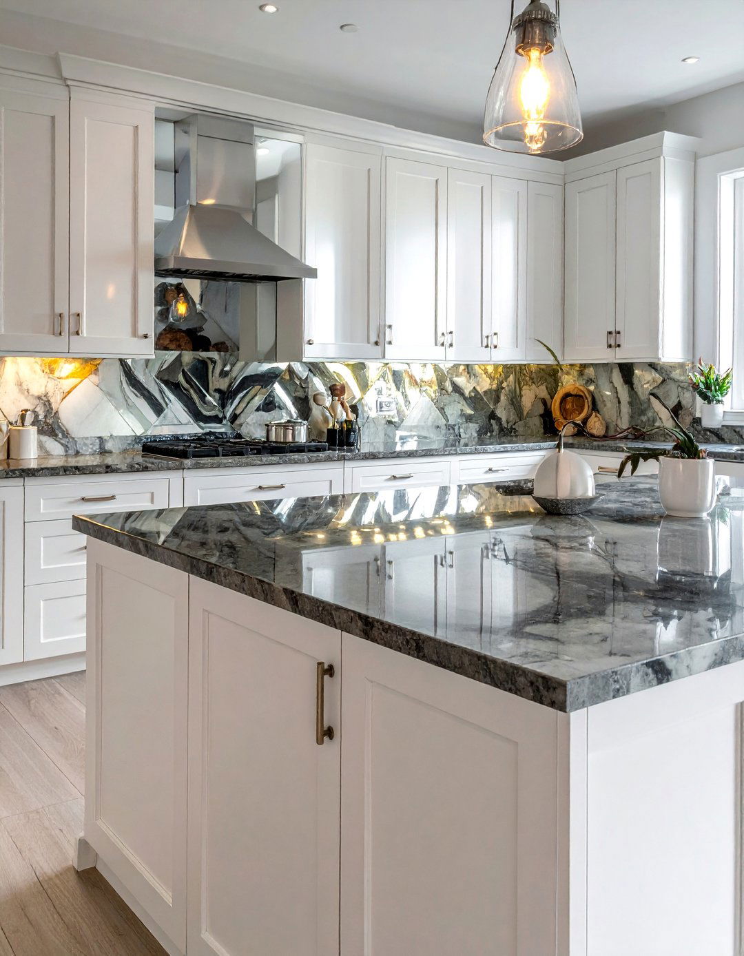 Mirrored Antique Glass Backsplash - 25 Backsplash Ideas for White Cabinets and Granite