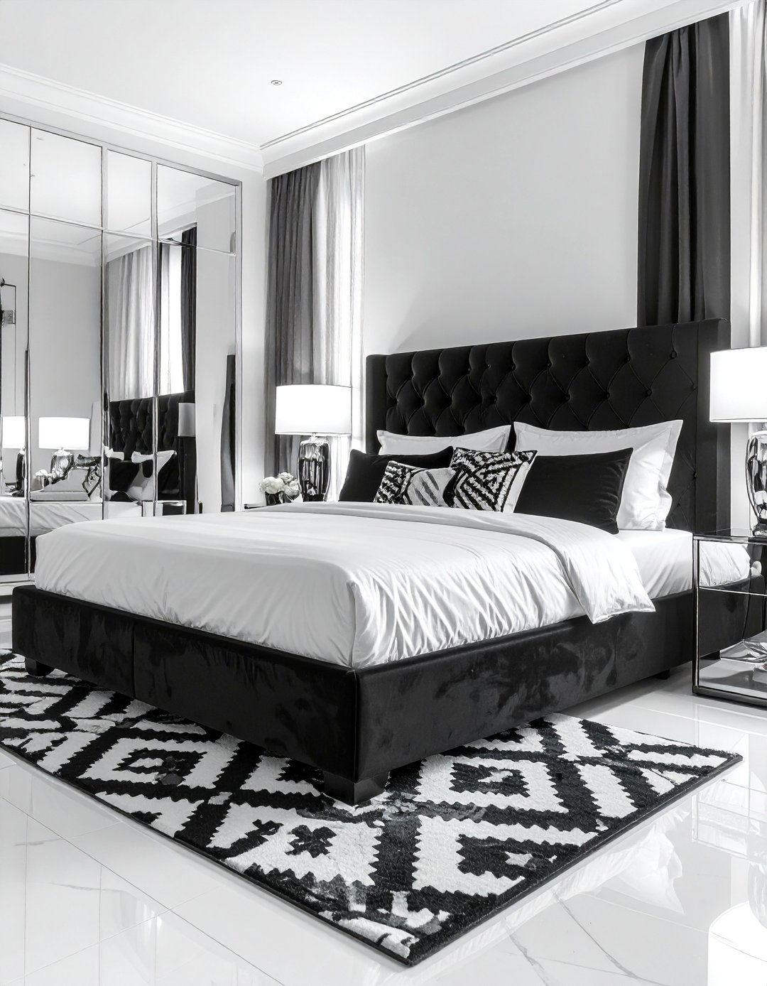 Mirrored Furniture for Added Glamour - 40 Black and White Bedroom Ideas for Elegance
