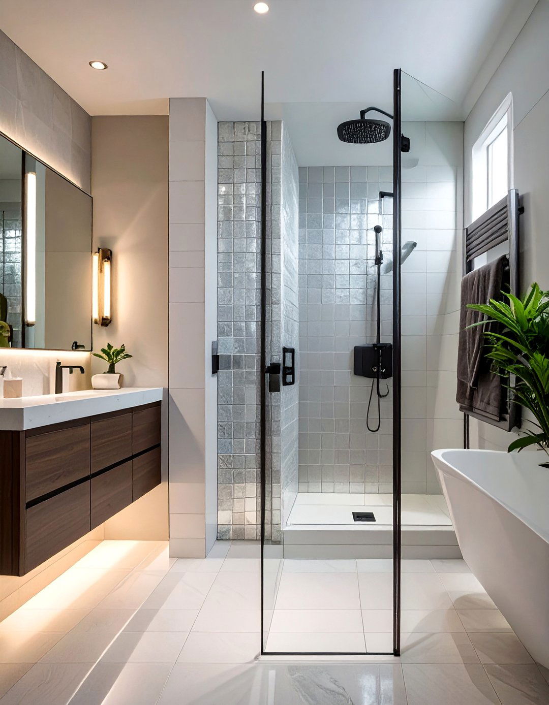 Mirrored Tile Accent in a Walk in Shower - 30 Walk-in Shower Tile Ideas for a Luxurious Bathroom
