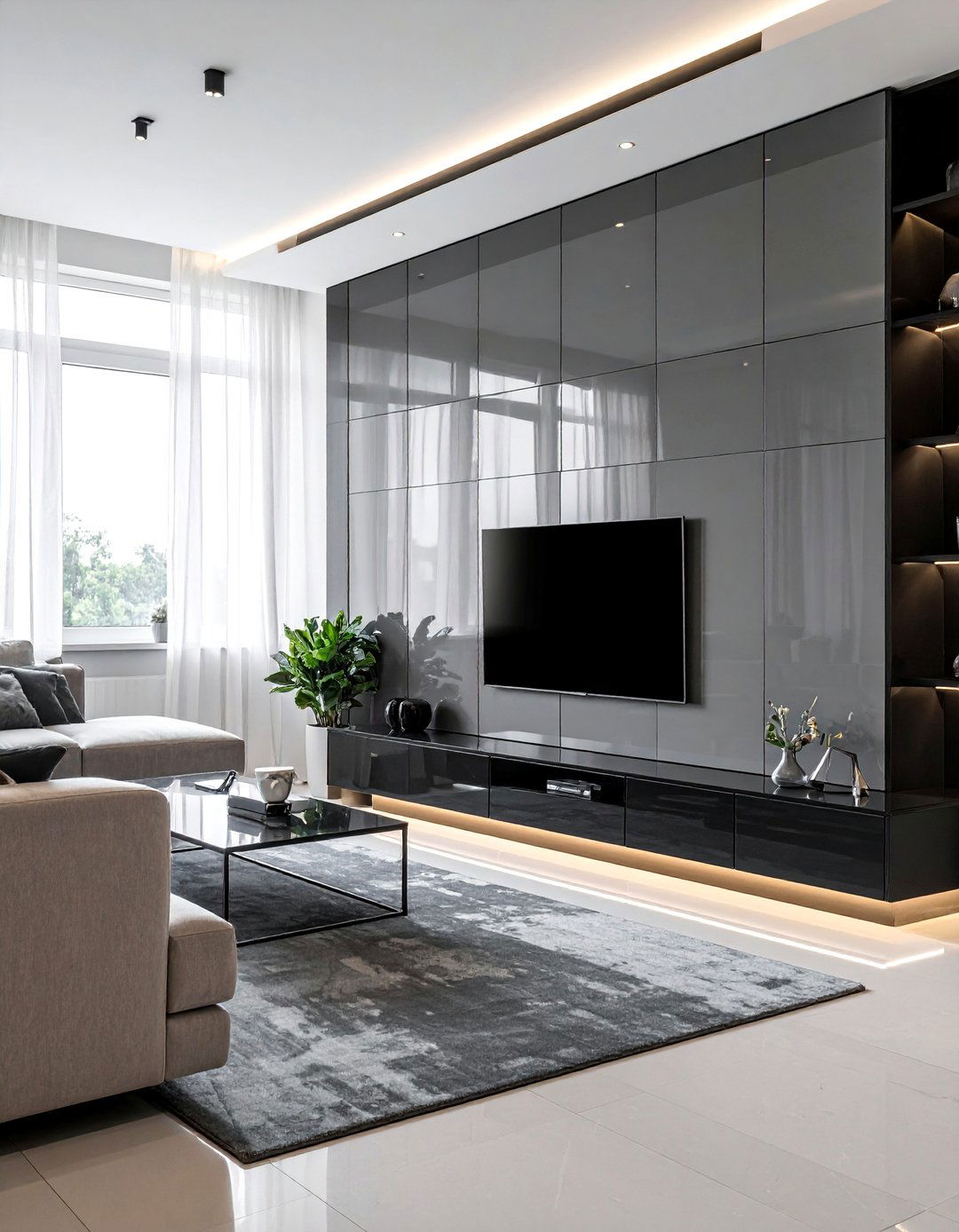 Mirrored or High Gloss Media Wall - 35 Stunning Media Wall Ideas to Transform Your Living Space