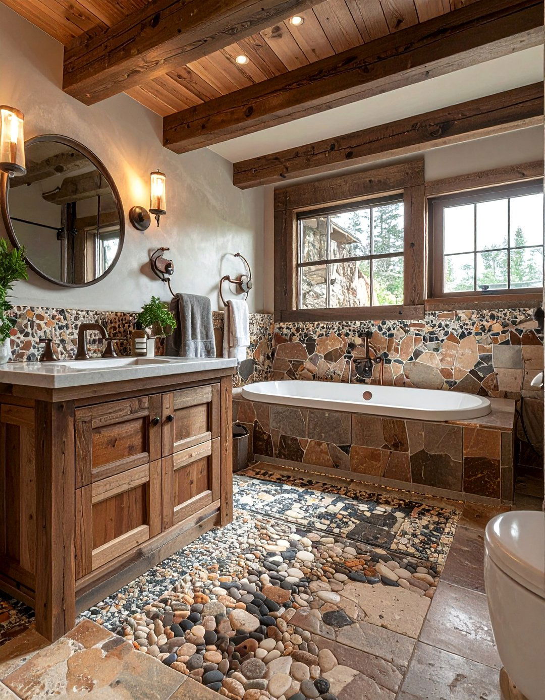 Mixed Earth Tone Rustic Appeal - 20 Pebble Tile Bathroom Ideas for a Natural Look